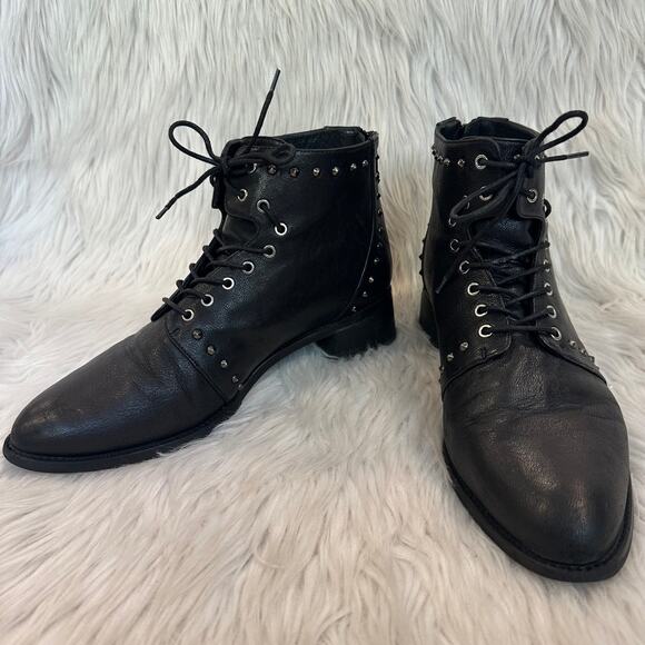 Stuart Weitzman Lashease Studded Moto Ankle Boots Leather Lace-Up Flat Black - Picture 4 of 10